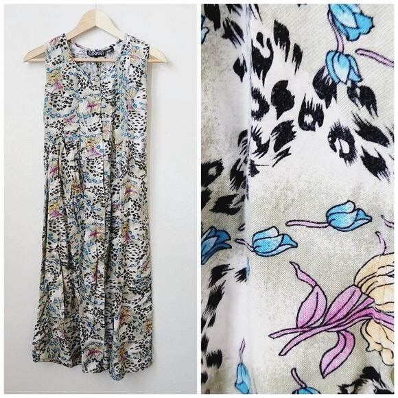 Vintage Dresses & Skirts - 90s Nick‎ & Sarah rayon animal print sleeveless floral dress button M